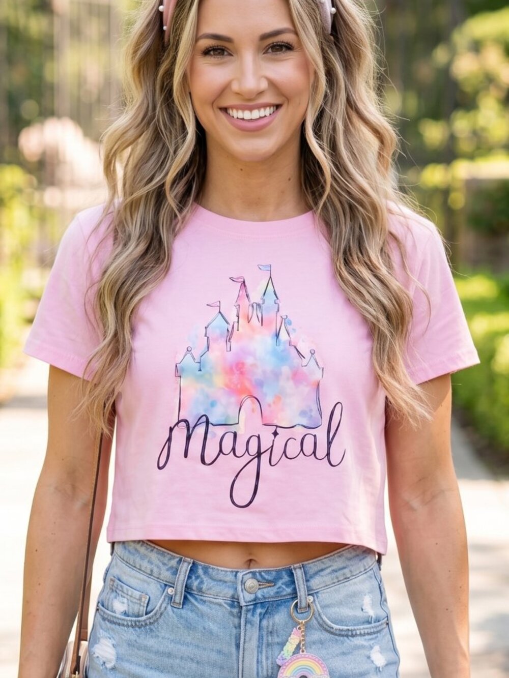 NWT | Pink Magical Kingdom Watercolor Castle Short Sleeve Crop Top Medium